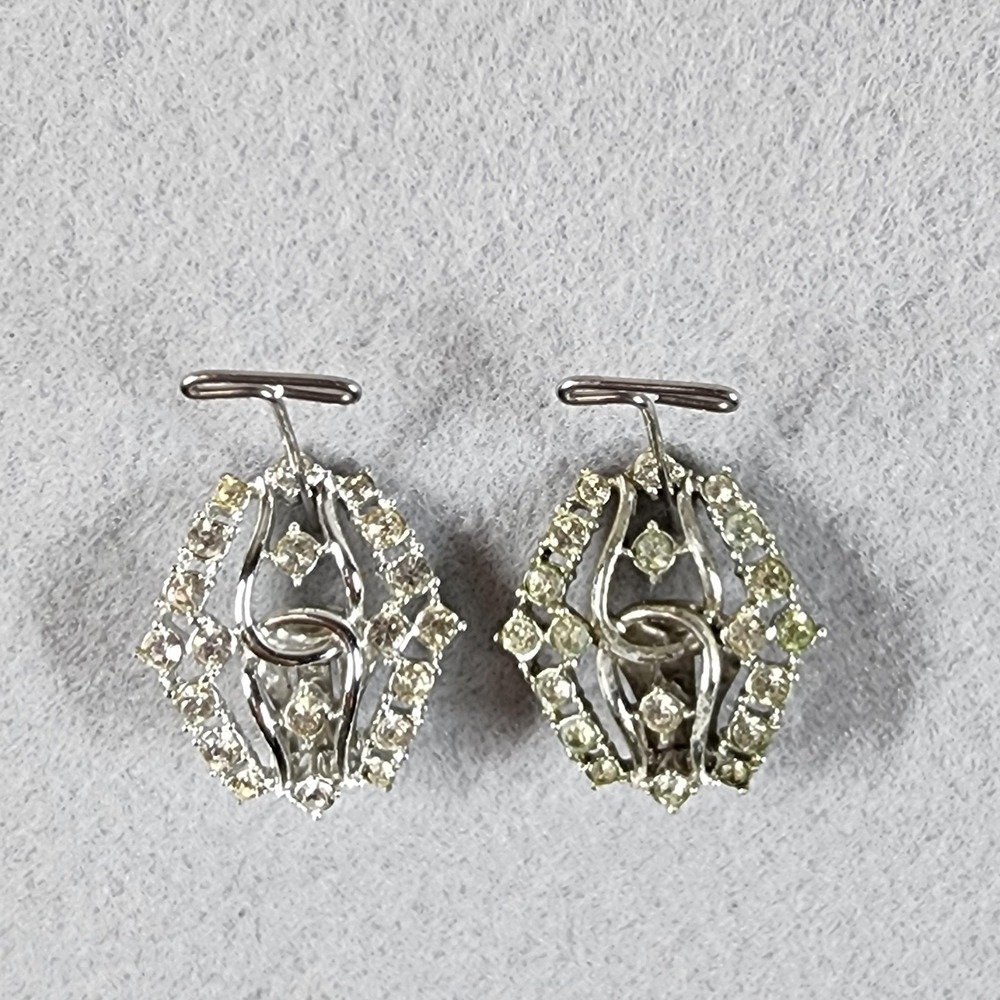 Vintage Emmons Rhinestone Clip On‎ Earrings Silver Tone Mid Century Atomic